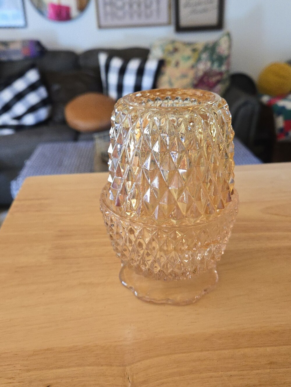 Vintage Indiana Glass Diamond Point Fairy Lamp, Champagne/Pink Color, See Info!